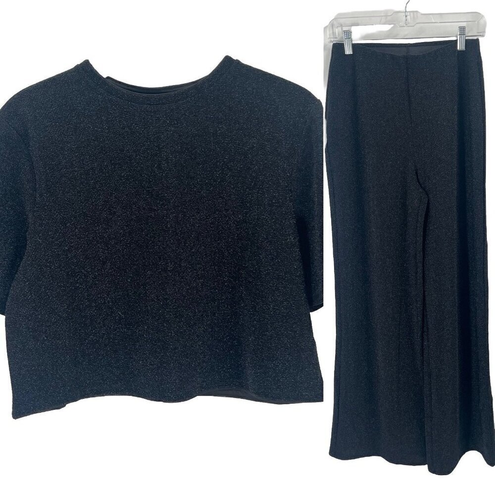 H&M Black Sparkle Set Wide Leg Pants Crop Tee Sz S NWT